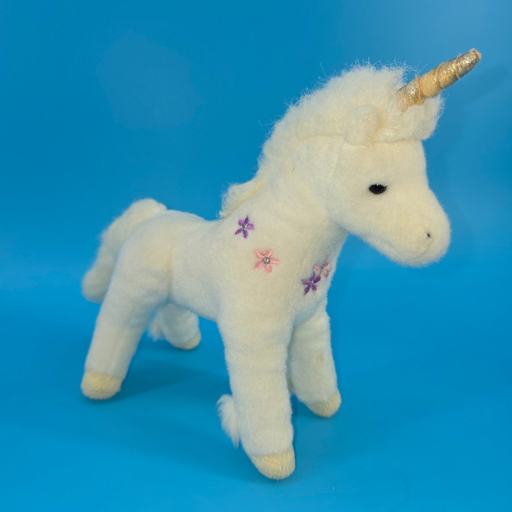 Douglas Cuddle Toys White Unicorn Plush Gold Horn‎ Flower Embroidery 4054B 2014